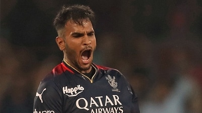 IPL 2023: Vyshak Vijay Kumar celebrates a wicket for RCB. (IndianPremierLeague twitter) IPL 2023: Vyshak Vijay Kumar celebrates a wicket for RCB. (IndianPremierLeague twitter)