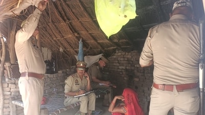Kasganj police in village Baghel Phukta of third shooter Arun Maurya and interrogating with his aunt . Photo HT