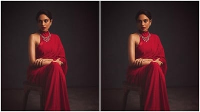 Assisted by makeup artist Shraddha Mishra, Sobhita decked up in nude eyeshadow, black eyeliner, black kohl, mascara-laden eyelashes, contoured cheeks and a shade of bright red lipstick.&nbsp; (Instagram/@sobhitad)