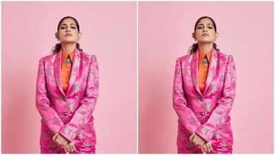 Kubbra looked every bit gorgeous in the pink blazer and matching pair of formal trousers with floral patterns in shades of silver throughout.&nbsp; (Instagram/@kubbrasait)