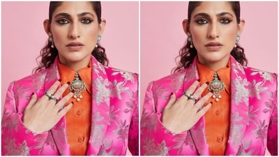Kubbra played muse to fashion designer house Pink Porcupines and picked the pink ethnic power suit from the shelves of the designer house.&nbsp; (Instagram/@kubbrasait)