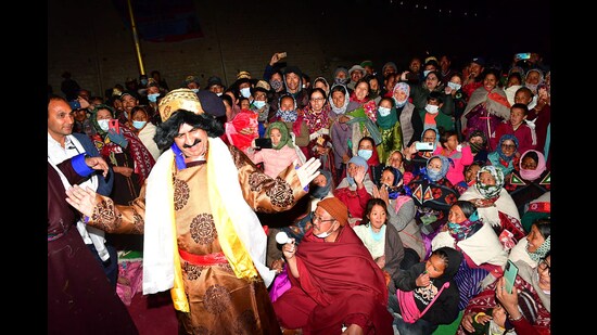 Himachal Pradesh chief minister Sukhvinder Singh Sukhu participates in a traditional dance at Dhankhar, in Lahaul and Spiti. (ANI)