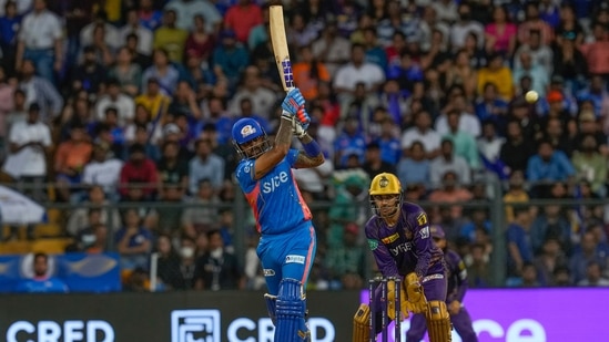 Mumbai Indians' Suryakumar Yadav plays a shot during the Indian Premier League match against Kolkata Knight Riders(AP)