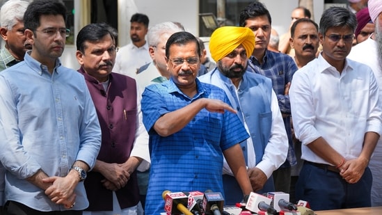 Delhi Chief Minister Arvind Kejriwal addresses a press conference just before his CBI visit for questioning. (PTI)