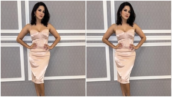 Sunny played muse to fashion designer house Miakee and picked a pastel pink satin dress from the shelves of the designer house.&nbsp;(Instagram/@sunnyleone)