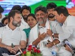 Congress leader Rahul Gandhi with KPCC President DK Shivakumar and AICC general secretary Randeep Surjewala in Kolar on Sunday, April 16, 2023. (PTI Photo/Shailendra Bhojak) Congress leader Rahul Gandhi with KPCC President DK Shivakumar and AICC general secretary Randeep Surjewala in Kolar on Sunday, April 16, 2023. (PTI Photo/Shailendra Bhojak)