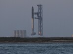 The SpaceX Starship rocket on the launchpad ahead of its scheduled launch from the SpaceX Starbase in Boca Chica as seen from South Padre Island, Texas on April 17, 2023. (AFP)