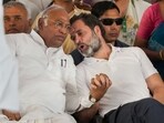 Congress President Mallikarjun Kharge with party leader Rahul Gandhi during a public meeting ahead of Assembly polls, in Kolar, Karnataka, Sunday. Congress President Mallikarjun Kharge with party leader Rahul Gandhi during a public meeting ahead of Assembly polls, in Kolar, Karnataka, Sunday.