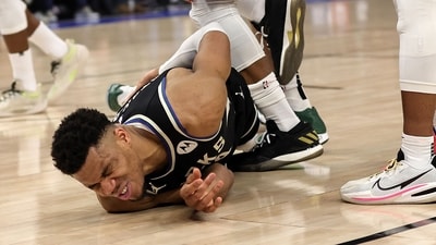 Giannis Antetokounmpo #34 of the Milwaukee Bucks is injured during Game One of the Eastern Conference First Round Playoffs against the Miami Heat at Fiserv Forum on April 16, 2023 in Milwaukee, Wisconsin. (Getty Images via AFP) Giannis Antetokounmpo #34 of the Milwaukee Bucks is injured during Game One of the Eastern Conference First Round Playoffs against the Miami Heat at Fiserv Forum on April 16, 2023 in Milwaukee, Wisconsin. (Getty Images via AFP)