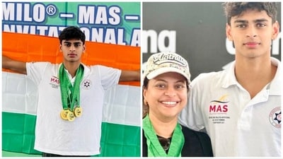 R Madhavan's son Vedaant poses with mom Sarita Birje at Malaysia Invitational Age Group Swimming Championships. R Madhavan's son Vedaant poses with mom Sarita Birje at Malaysia Invitational Age Group Swimming Championships.
