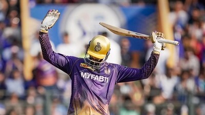Venkatesh Iyer celebrates his century during the IPL 2023 cricket match between Kolkata Knight Riders and Mumbai Indians, (PTI)