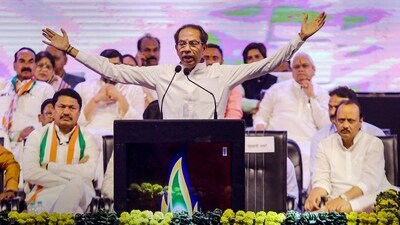 Former Maharashtra chief minister Uddhav Thackeray speaks during Maha Vikas Aghadi's (MVA) 'Vajramuth' public rally in Nagpur on Sunday, (PTI) Former Maharashtra chief minister Uddhav Thackeray speaks during Maha Vikas Aghadi's (MVA) 'Vajramuth' public rally in Nagpur on Sunday, (PTI)
