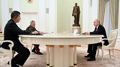 Russian President Vladimir Putin, Defence Minister Sergei Shoigu and Chinese Defence Minister Li Shangfu attend a meeting in Moscow, Russia. (REUTERS) Russian President Vladimir Putin, Defence Minister Sergei Shoigu and Chinese Defence Minister Li Shangfu attend a meeting in Moscow, Russia. (REUTERS)