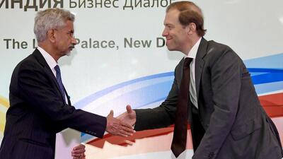 Russian deputy prime minister Denis Manturov and external affairs minister S Jaishankar at the India-Russia Business Dialogue in New Delhi on April 17 (ANI) Russian deputy prime minister Denis Manturov and external affairs minister S Jaishankar at the India-Russia Business Dialogue in New Delhi on April 17 (ANI)