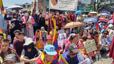 Tibetan Youth Congress, students’ groups from Spiti, Kinnaur and local residents during the protest march that began from McLeodganj and concluded in Dharamshala. (HT Photo) Tibetan Youth Congress, students’ groups from Spiti, Kinnaur and local residents during the protest march that began from McLeodganj and concluded in Dharamshala. (HT Photo)
