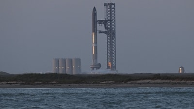 The SpaceX Starship rocket on the launchpad ahead of its scheduled launch from the SpaceX Starbase in Boca Chica as seen from South Padre Island, Texas on April 17, 2023. (AFP) The SpaceX Starship rocket on the launchpad ahead of its scheduled launch from the SpaceX Starbase in Boca Chica as seen from South Padre Island, Texas on April 17, 2023. (AFP)