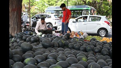 Vendors selling watermelon at Sector 32 in Chandigarh on Monday. (Keshav Singh/HT) Vendors selling watermelon at Sector 32 in Chandigarh on Monday. (Keshav Singh/HT)