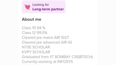 A man listed down his academic details in the ‘about me’ section on a dating app. (Twitter/@indianchan_) A man listed down his academic details in the ‘about me’ section on a dating app. (Twitter/@indianchan_)