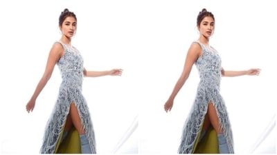 Pooja, for the promotions, picked a pastel blue feather gown as she looked every bit gorgeous in the attire. (Instagram/@hegdepooja) Pooja, for the promotions, picked a pastel blue feather gown as she looked every bit gorgeous in the attire. (Instagram/@hegdepooja)