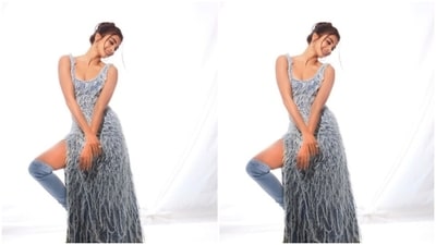 Pooja further accessorised her look for the day in knee-length denim boots and silver hoop earrings. (Instagram/@hegdepooja) Pooja further accessorised her look for the day in knee-length denim boots and silver hoop earrings. (Instagram/@hegdepooja)