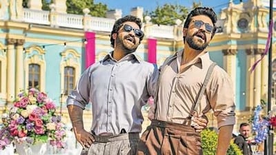 Jr NTR and Ram Charan in RRR song Naatu Naatu. Jr NTR and Ram Charan in RRR song Naatu Naatu.
