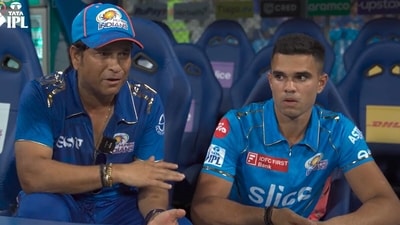 Here's presenting for the first-time ever: Sachin Tendulkar and Arjun Tendulkar. (MI/Screengrab) Here's presenting for the first-time ever: Sachin Tendulkar and Arjun Tendulkar. (MI/Screengrab)