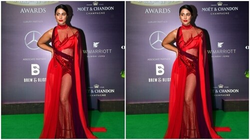 Hina looked perfect in the red attire. (HT Photos/Varinder Chawla) Hina looked perfect in the red attire. (HT Photos/Varinder Chawla)