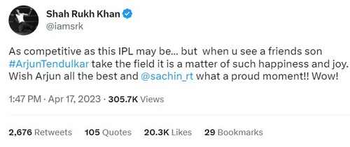 Here's what Shah Rukh Khan tweeted about Sachin Tendulkar's son Arjun Tendulkar. Here's what Shah Rukh Khan tweeted about Sachin Tendulkar's son Arjun Tendulkar.