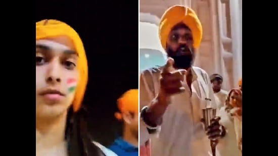 A combo of two pictures shows a woman, left, with Tricolour painted on her face who was allegedly denied entry to the Golden Temple by a temple staffer, right, in Amritsar on Monday. (PTI Photo)