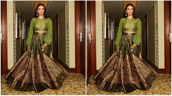 On Sunday, Aditi's fashion stylist Sanam Ratansi took to Instagram and posted a set of pictures featuring the actress. Aditi can be observed wearing a breathtaking green blouse and skirt, and she looks incredibly gorgeous.(Instagram/@sanamratansi)