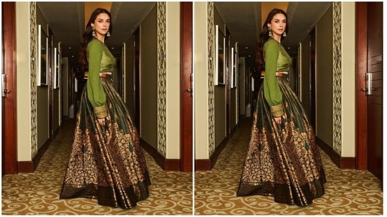 Her dress features a printed skirt set with foil print along the hem and brown belt on the waist. She paired it with a solid blouse highlighted with embroidery along the neckline and quilted cuffs.&nbsp;(Instagram/@sanamratansi )