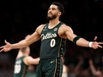 BOSTON, MASSACHUSETTS - APRIL 15: Jayson Tatum #0 of the Boston Celtics celebrates during the second quarter of Game One of the Eastern Conference First Round Playoffs between the Boston Celtics and the Atlanta Hawks at TD Garden on April 15, 2023 in Boston, Massachusetts. NOTE TO USER: User expressly acknowledges and agrees that, by downloading and or using this photograph, User is consenting to the terms and conditions of the Getty Images License Agreement.   Maddie Meyer/Getty Images/AFP (Photo by Maddie Meyer / GETTY IMAGES NORTH AMERICA / Getty Images via AFP)