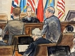 This artist sketch depicts Dominion Voting Systems attorney Justin Nelson, standing left, and Fox News attorney Daniel Webb, standing at right, speaking to Judge Eric Davis before finishing jury selection in Delaware Superior Court Tuesday, April 18, 2023, in Wilmington. This artist sketch depicts Dominion Voting Systems attorney Justin Nelson, standing left, and Fox News attorney Daniel Webb, standing at right, speaking to Judge Eric Davis before finishing jury selection in Delaware Superior Court Tuesday, April 18, 2023, in Wilmington.