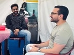 Jr NTR and Saif Ali Khan on sets of NTR30. Jr NTR and Saif Ali Khan on sets of NTR30.
