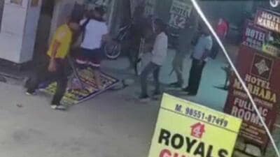 A CCTV grab of the accused creating ruckus outside the hotel in Ludhiana. (HT Photo) A CCTV grab of the accused creating ruckus outside the hotel in Ludhiana. (HT Photo)