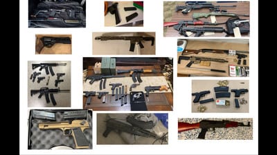 A combo of images shows firearms seized by the police after arresting 17 persons in California in connection with a series of shootings in gurdwaras in Stockton, Sacramento and other locations. (PTI)