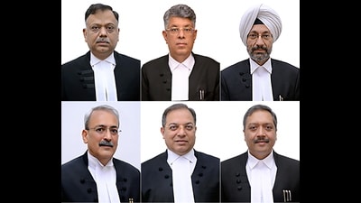 A combo photo of additional judges of the Punjab and Haryana high court; (clockwise from top left) justice Pankaj Jain, justice Vikas Bahl, justice Jasjit Singh Bedi, justice Vinod Sharma (Bhardwaj), justice Sandeep Moudgil and justice Vikas Suri. (PTI)