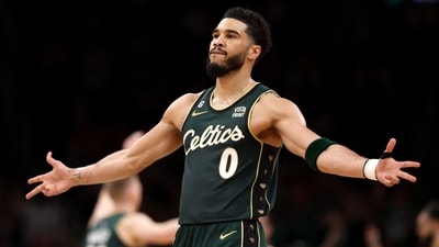 BOSTON, MASSACHUSETTS - APRIL 15: Jayson Tatum #0 of the Boston Celtics celebrates during the second quarter of Game One of the Eastern Conference First Round Playoffs between the Boston Celtics and the Atlanta Hawks at TD Garden on April 15, 2023 in Boston, Massachusetts. NOTE TO USER: User expressly acknowledges and agrees that, by downloading and or using this photograph, User is consenting to the terms and conditions of the Getty Images License Agreement. Maddie Meyer/Getty Images/AFP (Photo by Maddie Meyer / GETTY IMAGES NORTH AMERICA / Getty Images via AFP) (Getty Images via AFP) BOSTON, MASSACHUSETTS - APRIL 15: Jayson Tatum #0 of the Boston Celtics celebrates during the second quarter of Game One of the Eastern Conference First Round Playoffs between the Boston Celtics and the Atlanta Hawks at TD Garden on April 15, 2023 in Boston, Massachusetts. NOTE TO USER: User expressly acknowledges and agrees that, by downloading and or using this photograph, User is consenting to the terms and conditions of the Getty Images License Agreement. Maddie Meyer/Getty Images/AFP (Photo by Maddie Meyer / GETTY IMAGES NORTH AMERICA / Getty Images via AFP) (Getty Images via AFP)