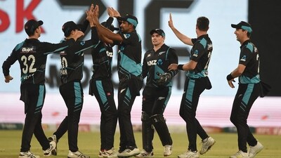 New Zealand's cricketers celebrate after dismissal of Pakistan's Shadab Khan (not pictured) during the third Twenty20 international cricket match between Pakistan and New Zealand at the Gaddafi Cricket Stadium in Lahore on early April 18, 2023. (Photo by Arif ALI / AFP) (AFP) New Zealand's cricketers celebrate after dismissal of Pakistan's Shadab Khan (not pictured) during the third Twenty20 international cricket match between Pakistan and New Zealand at the Gaddafi Cricket Stadium in Lahore on early April 18, 2023. (Photo by Arif ALI / AFP) (AFP)