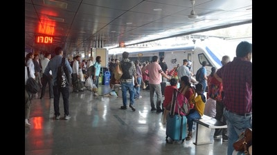 Chandigarh-New Delhi Shatabdi Express, scheduled to depart at 12.05 pm, was delayed by around four hours and departed at 4 pm. (Sant Arora/HT)