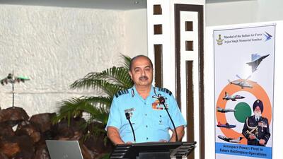 Chief of Air Staff Air Chief Marshal, VR Chaudhari delivering the address at Marshal of the Air Force Arjan Singh Memorial Seminar (IAF Twitter) Chief of Air Staff Air Chief Marshal, VR Chaudhari delivering the address at Marshal of the Air Force Arjan Singh Memorial Seminar (IAF Twitter)