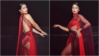 Hina Khan's see-through dress and bold red lips serves a winner look. (Instagram) Hina Khan's see-through dress and bold red lips serves a winner look. (Instagram)