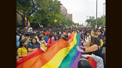 Members and allies of the lesbian, gay, bisexual, transgender (LGBT) community take part in Delhi's 12th Queer Pride, 2019. (Amal KS/HT PHOTO)