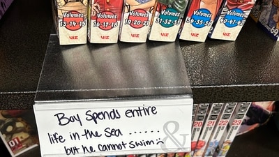 It featured a photo of Barnes & Noble's description of the One Piece manga, which read: "Boy spends entire life in the sea…but he cannot swim." (r/OnePiece) It featured a photo of Barnes & Noble's description of the One Piece manga, which read: "Boy spends entire life in the sea…but he cannot swim." (r/OnePiece)