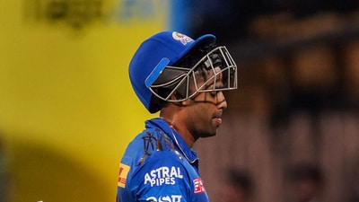 Mumbai Indians batter Suryakumar Yadav walks back to pavilion after his dismissal (PTI) Mumbai Indians batter Suryakumar Yadav walks back to pavilion after his dismissal (PTI)