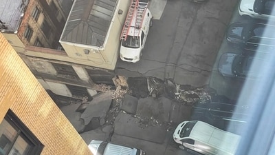 This photo provided by Charlie Franklin shows a partially collapsed parking garage in lower Manhattan's Financial District on Tuesday, April 18, 2023, in New York City. Officials didn't immediately release any information on injuries. (Charlie Franklin via AP) This photo provided by Charlie Franklin shows a partially collapsed parking garage in lower Manhattan's Financial District on Tuesday, April 18, 2023, in New York City. Officials didn't immediately release any information on injuries. (Charlie Franklin via AP)