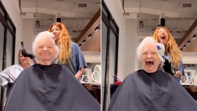 The image is taken from the video that captures the grandma’s reaction to getting her hair coloured. (Thecolourchemist) The image is taken from the video that captures the grandma’s reaction to getting her hair coloured. (Thecolourchemist)