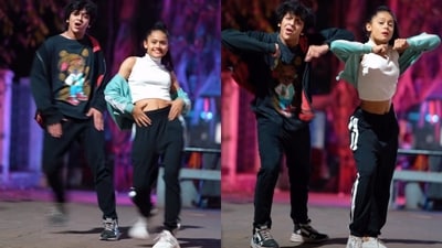 The image, taken from the viral video, shows the duo dancing to Pathaan’s Jhoome Jo Pathaan. (Instagram/@abcddancefactory) The image, taken from the viral video, shows the duo dancing to Pathaan’s Jhoome Jo Pathaan. (Instagram/@abcddancefactory)