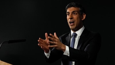 Britain's Prime Minister Rishi Sunak delivers a speech on ending the "anti-maths mindset" to boost economic growth in London, Tuesday. (REUTERS)