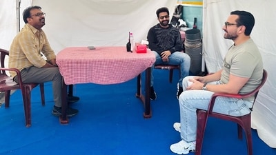 Jr NTR and Saif Ali Khan on sets of NTR30. Jr NTR and Saif Ali Khan on sets of NTR30.